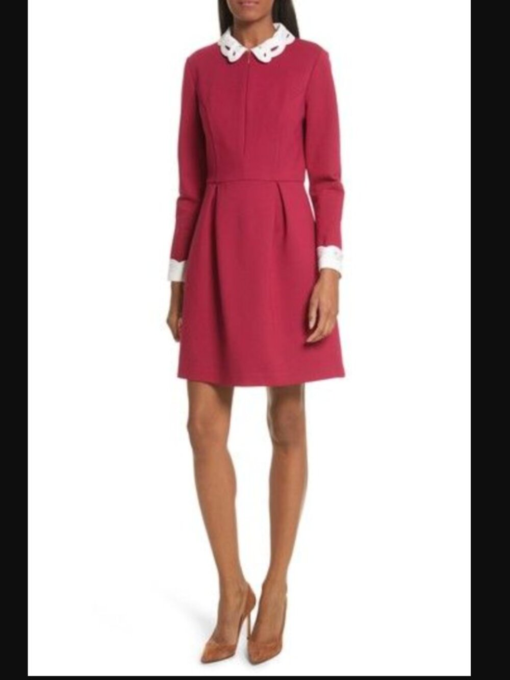 Ted Baker Shealah Dress Womens 0 Deep Pink Embroidered Collar Long Sleeve Mini